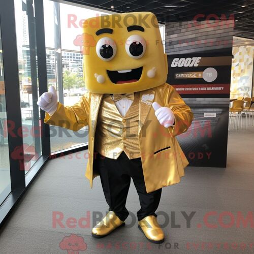 Costume Mascotte Redbrokoly De Lasagne Dorée Personnage Habillé D Un Blazer Et De Pochettes De Costume