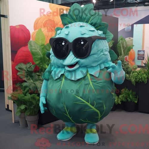 Costume De Mascotte Redbrokoly De Feuille De Chou Bleu Sarcelle Habillé Avec Une Combishort Et Des Lunettes