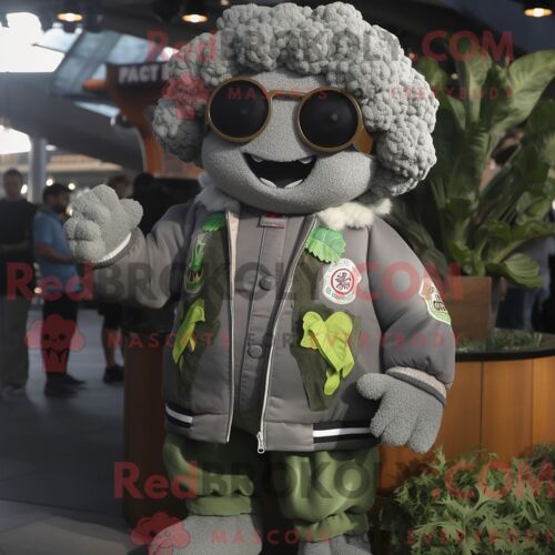 Costume Mascotte Redbrokoly De Brocoli Gris Personnage Habillé Avec Un Blouson Aviateur Et Des Colliers