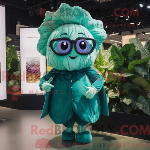Costume De Mascotte Redbrokoly De Feuille De Chou Bleu Sarcelle Habillé Avec Une Combishort Et Des Lunettes