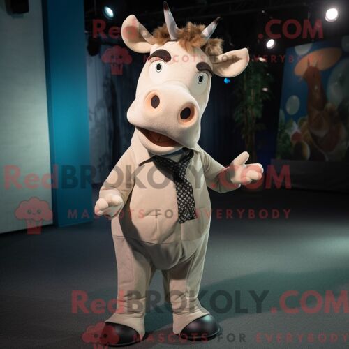 Costume Mascotte Redbrokoly De Zébu Beige Habillé D Un Manteau Et De Noeuds Papillons