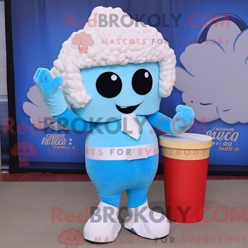 Costume De Mascotte Redbrokoly Pop Corn Bleu Ciel Habillé Avec Un Pantalon Capri Et Des Pinces À Chaussures