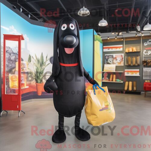Personnage De Costume De Mascotte Redbrokoly De Hot-Dog Noir Habillé D Un Jean Évasé Et De Sacs Fourre-Tout