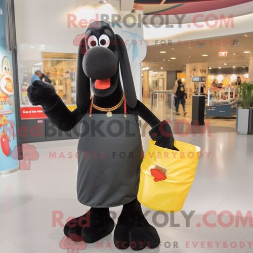 Personnage De Costume De Mascotte Redbrokoly De Hot-Dog Noir Habillé D Un Jean Évasé Et De Sacs Fourre-Tout