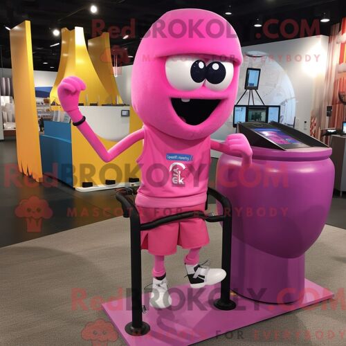Personnage De Costume De Mascotte Redbrokoly De Boulet De Canon Humain Rose Habillé Avec Un Short De Course Et Des Portefeuilles