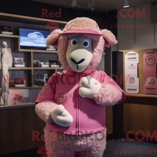Costume De Mascotte Redbrokoly De Mouton Mérinos Rose Personnage Habillé D Un Polo Et De Bérets