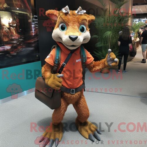 Costume De Mascotte Redbrokoly De Requin Violet Habillé D Un Polo Et De Montres Numériques