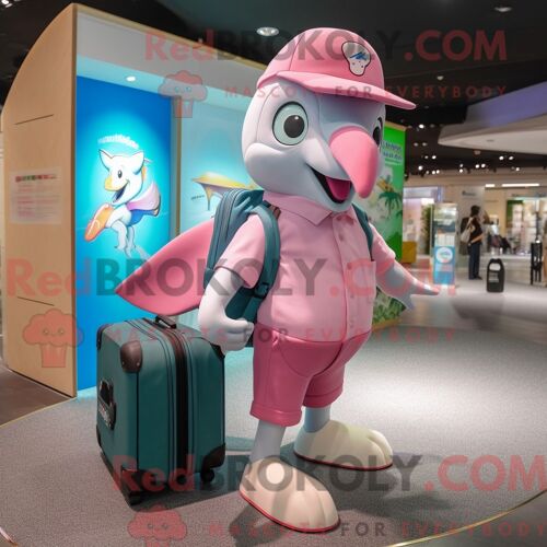Costume Mascotte Redbrokoly De Dauphin Rose Personnage Habillé Avec Un Short Et Des Porte-Documents