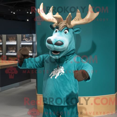 Costume De Mascotte Redbrokoly D Élan Irlandais Bleu Sarcelle Habillé Avec Un T-Shirt Et Des Gants