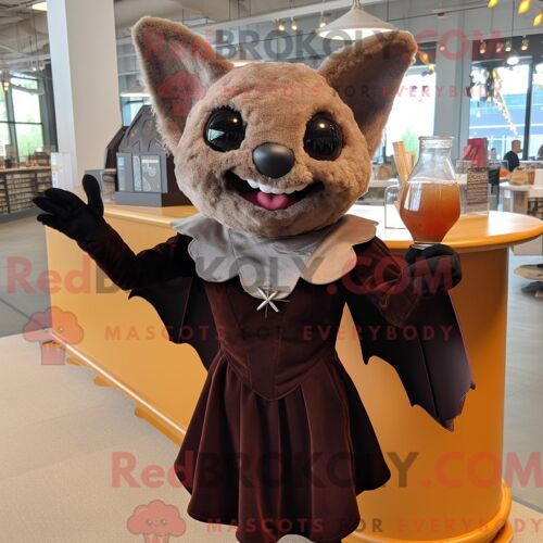 Costume Mascotte Redbrokoly De Chauve-Souris Marron Habillé D Une Robe De Cocktail Et De Mitaines
