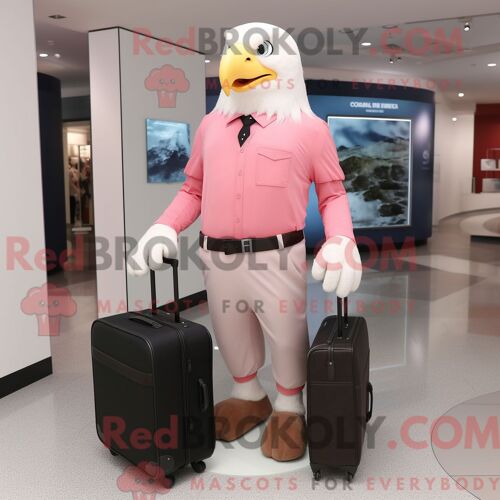 Costume Mascotte Redbrokoly De Pygargue À Tête Blanche Rose Personnage Habillé Avec Un T-Shirt Et Des Porte-Documents