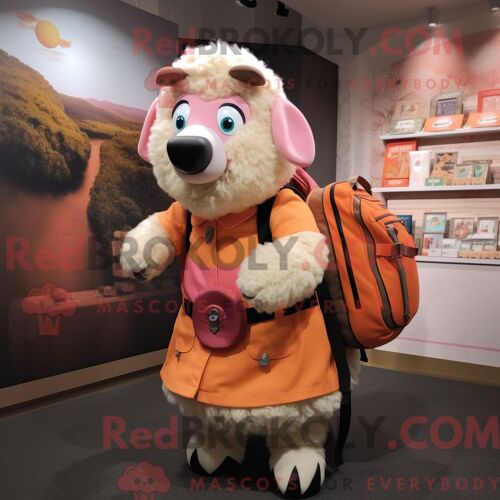 Costume De Mascotte Redbrokoly De Mouton Peach Suffolk Habillé Avec Une Robe Taille Empire Et Des Sacs À Dos