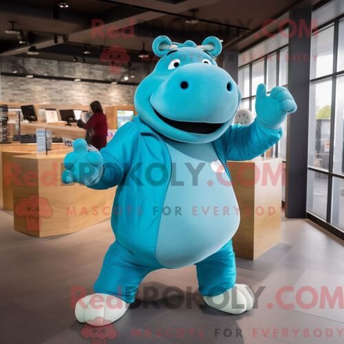 Costume De Mascotte Redbrokoly D Hippopotame Cyan Personnage Habillé Avec Des Leggings Et Des Gants