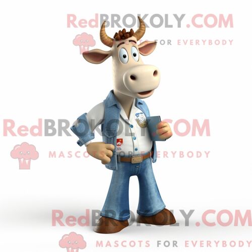 Costume Mascotte Redbrokoly De Vache En Jersey Beige Personnage Habillé Avec Un Jean Boyfriend Et Des Pochettes De Costume