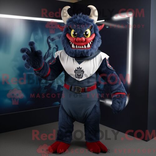 Costume Mascotte Redbrokoly De Démon De La Marine Personnage Habillé D Un Cardigan Et De Ceintures