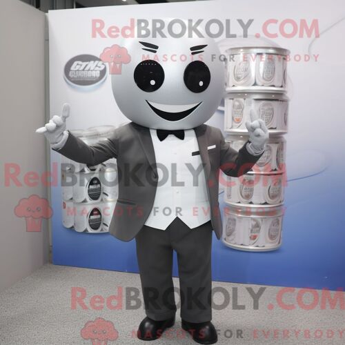 Personnage De Costume De Mascotte Redbrokoly De Canette De Soda Grise Habillé D Un Costume Et De Ceintures De Smoking