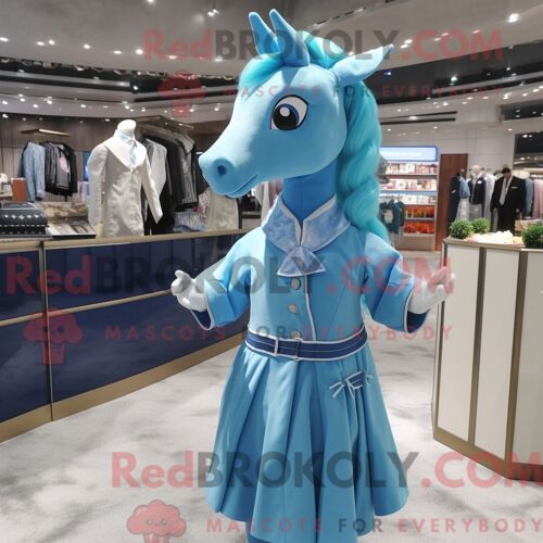 Costume Mascotte Redbrokoly De Jument Bleu Ciel Habillé D Une Robe Midi Et D Épingles À Cravate