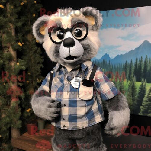 Costume De Mascotte Redbrokoly D Ours À Lunettes Argenté Personnage Habillé D Une Chemise En Flanelle Et De Boucles D Oreilles