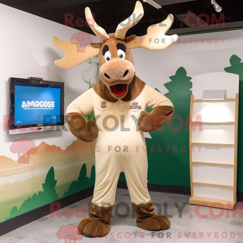 Costume De Mascotte Redbrokoly De Tan Moose Habillé Avec Une Combinaison Et Des Bracelets De Cheville