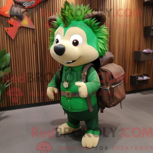 Costume Mascotte Redbrokoly De Béret Vert Orange Habillé D Une Veste De Moto Et De Bracelets