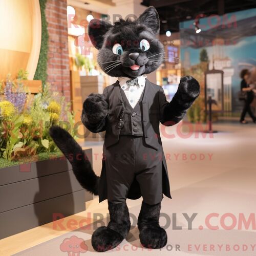 Costume Mascotte Redbrokoly De Chat Noir Habillé D Un Gilet Et De Sacs À Main