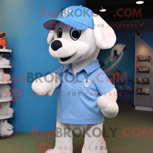 Costume De Mascotte Redbrokoly De Chien Bleu Ciel Habillé Avec Un Polo Et Des Casquettes