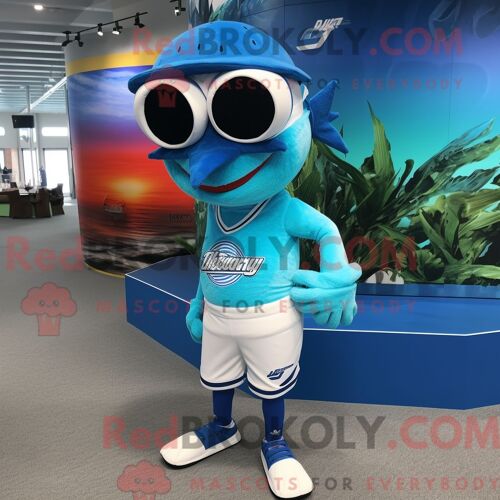 Costume De Mascotte Redbrokoly De Béluga Bleu Ciel Personnage Habillé Avec Un Coupe-Vent Et Des Noeuds Papillons