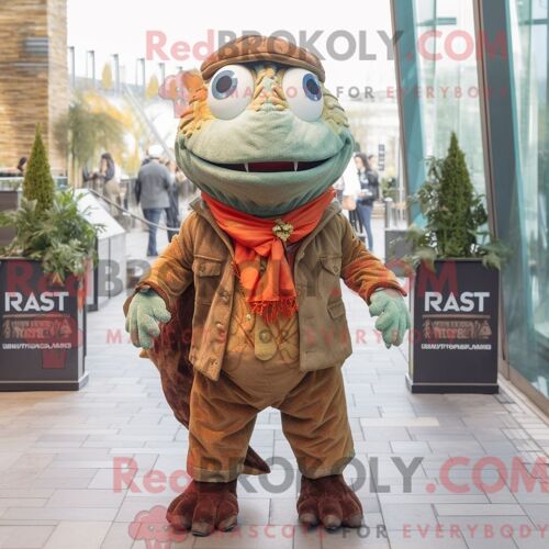 Costume Mascotte Redbrokoly De Piranha Rouille Personnage Habillé D Un Gilet Et D Écharpes