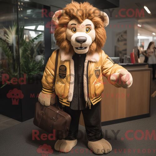 Costume De Mascotte Redbrokoly De Lion Marron Habillé D Un Blouson Aviateur Et De Porte-Documents