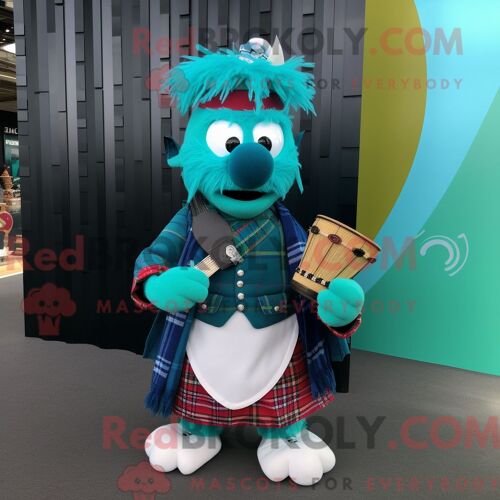 Mascotte Redbrokoly De Cornemuse Turquoise Costume De Personnage Habillé Avec Un Gilet Et Des Bracelets