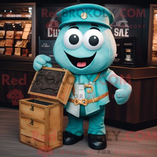 Costume Mascotte Redbrokoly De Coffre Au Trésor Bleu Sarcelle Habillé Avec Un Débardeur Et Des Casquettes