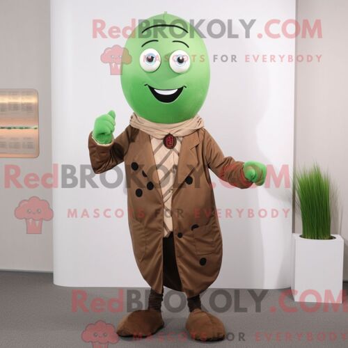 Personnage De Costume De Mascotte Redbrokoly De Haricot Vert Marron Habillé D Un Cardigan Et D Épinglettes
