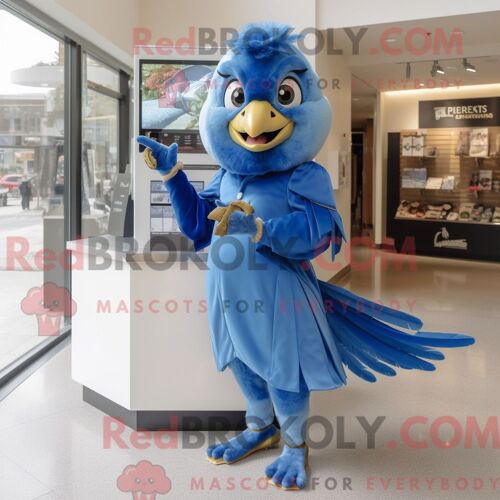 Costume De Mascotte Redbrokoly De Jay Bleu Doré Personnage Habillé Avec Une Jupe Et Des Gants