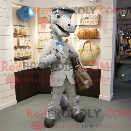 Personnage De Costume De Mascotte Redbrokoly D Hippocampe Gris Habillé D Un Pantalon De Costume Et De Sacs À Main