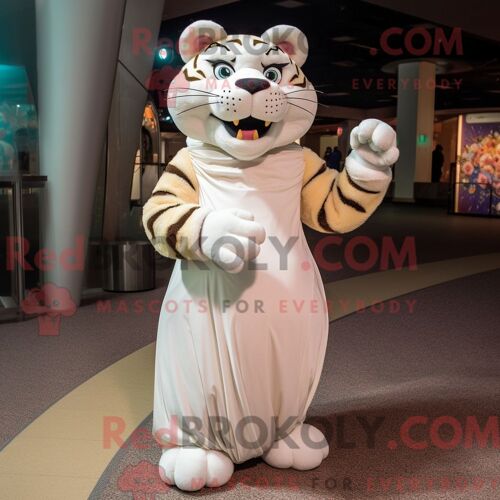 Costume Mascotte Redbrokoly De Tigre Crème Personnage Habillé D Une Robe De Soirée Et De Mitaines