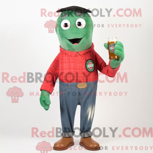 Personnage De Costume De Mascotte Redbrokoly De Bière Verte Rouge Habillé D Une Chemise En Chambray Et De Clips D Écharpe