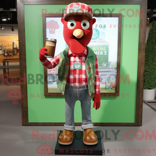 Personnage De Costume De Mascotte Redbrokoly De Bière Verte Rouge Habillé D Une Chemise En Chambray Et De Clips D Écharpe