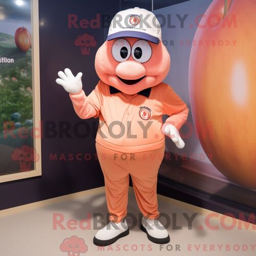 Personnage De Costume De Mascotte Redbrokoly De Steak De Pêche Habillé Avec Un Polo Et Des Casquettes