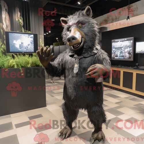 Costume Mascotte Redbrokoly De Sanglier Noir Personnage Habillé Avec Une Barboteuse Et Des Cravates