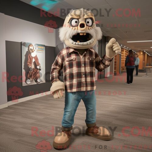 Costume Mascotte Redbrokoly De Mort-Vivant Beige Habillé D Une Chemise En Flanelle Et De Montres