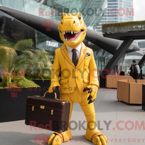 Costume De Mascotte Redbrokoly De T Rex Jaune Habillé D Un Blazer Et De Pochettes