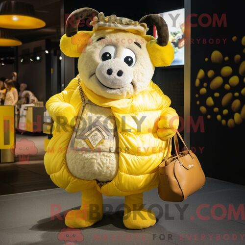 Personnage De Costume De Mascotte Redbrokoly De Boeuf Jaune Wellington Habillé Avec Une Combishort Et Des Sacs À Main