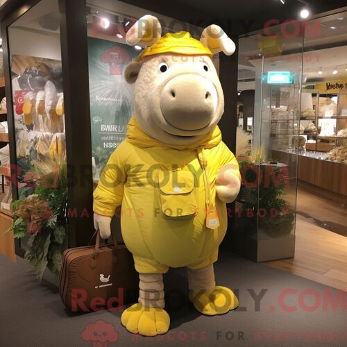 Personnage De Costume De Mascotte Redbrokoly De Boeuf Jaune Wellington Habillé Avec Une Combishort Et Des Sacs À Main