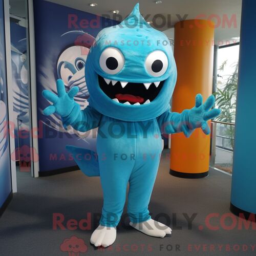 Costume De Mascotte Redbrokoly De Barracuda Cyan Habillé D Une Combinaison Et De Ceintures De Smoking
