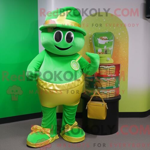 Personnage De Costume De Mascotte Redbrokoly Pot Of Gold Vert Citron Habillé Avec Un T-Shirt Graphique Et Des Portefeuilles