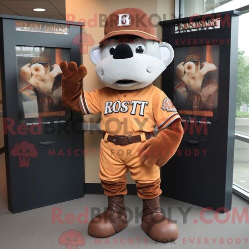 Personnage De Costume De Mascotte Redbrokoly De Fer À Cheval Rouille Habillé Avec Un T-Shirt De Baseball Et Des Ceintures