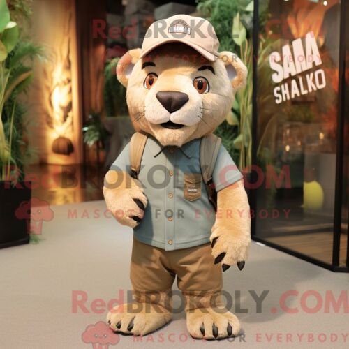 Costume De Mascotte Redbrokoly De Smilodon Habillé D Un Short Cargo Et De Bonnets
