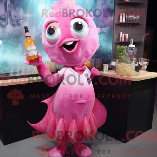 Costume De Mascotte Redbrokoly De Morue Rose Personnage Habillé D Une Robe De Cocktail Et De Porte-Clés