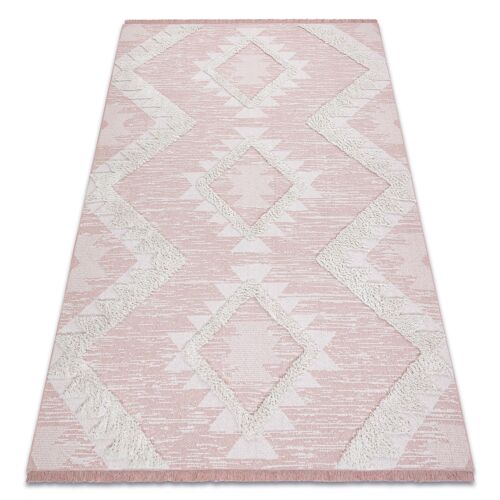 175x270 Cm Tapis Eco Sizal Boho Moroc Diamants 22312 Franges - Deux Niveaux De Molleton Rose / Crème, Tapis En Coton Recyclé