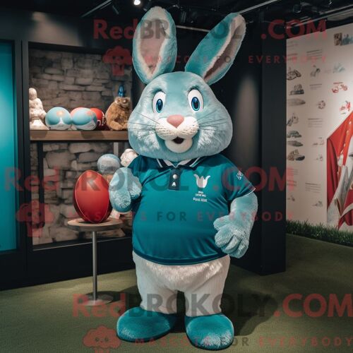 Costume Mascotte Redbrokoly De Lapin Bleu Sarcelle Habillé D Une Chemise De Rugby Et De Bérets